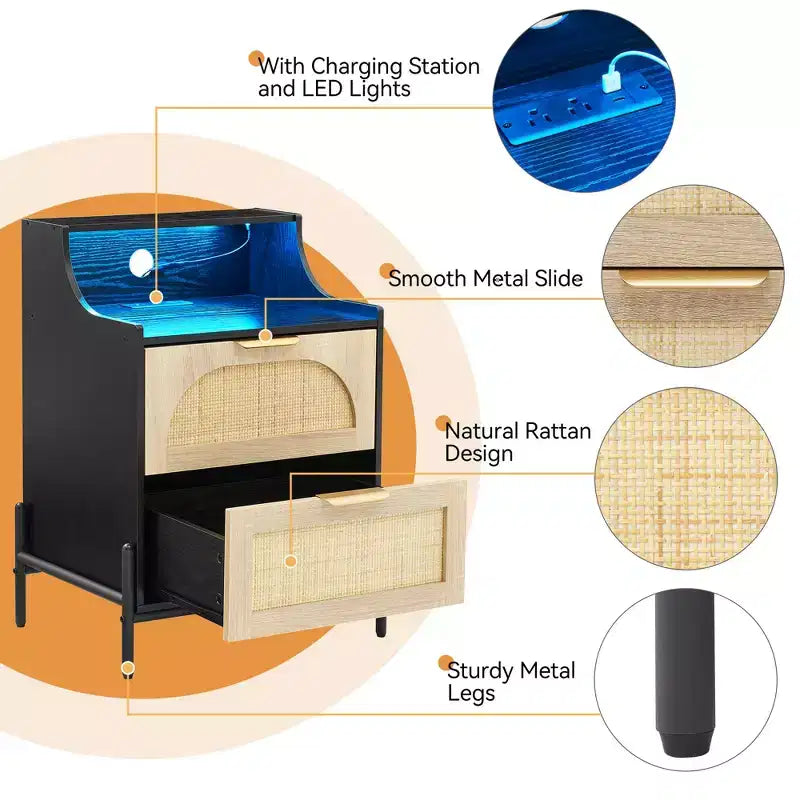 2er-Set Nachttisch aus Holz und Rattan - Beistelltisch mit Ladestation, LED-Lichtern, USB-Anschlüssen & Steckdosen, modern für Schlafzimmer, Wohnzimmer