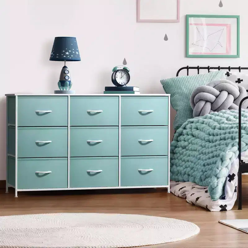 9-Schubladen Stoffkommode mit Stahlrahmen und Holzplatte, für Schlafzimmer, Kleiderschrank & Büro