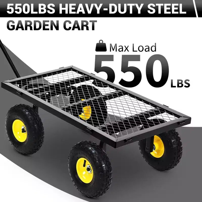 Heavy Duty Steel Cart, 550 lbs 3-in-1 Pull-Out Metal Cart with 10-inch Wheels, 180 Swivel Handle and Removable Sides for Kitchen, Patio