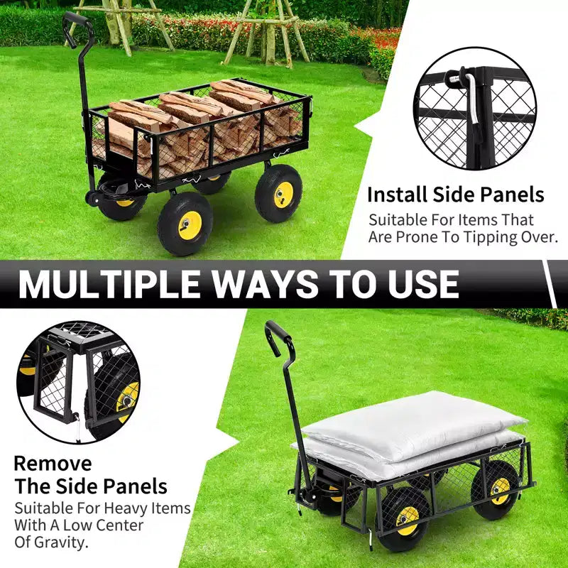 Heavy Duty Steel Cart, 550 lbs 3-in-1 Pull-Out Metal Cart with 10-inch Wheels, 180 Swivel Handle and Removable Sides for Kitchen, Patio