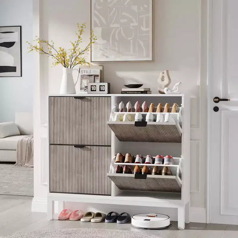 4 Klappschubladen moderner geriffelter Schuhschrank, schmales Schuhaufbewahrungsschrank
