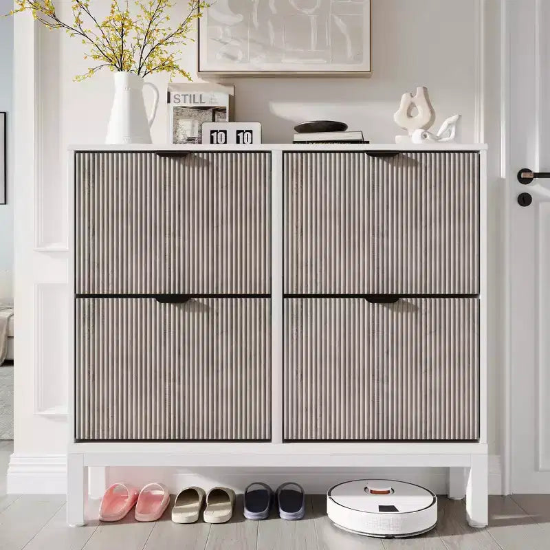 4 Klappschubladen moderner geriffelter Schuhschrank, schmales Schuhaufbewahrungsschrank