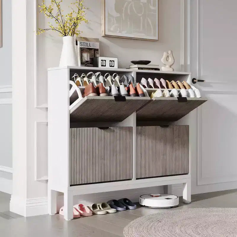4 Klappschubladen moderner geriffelter Schuhschrank, schmales Schuhaufbewahrungsschrank