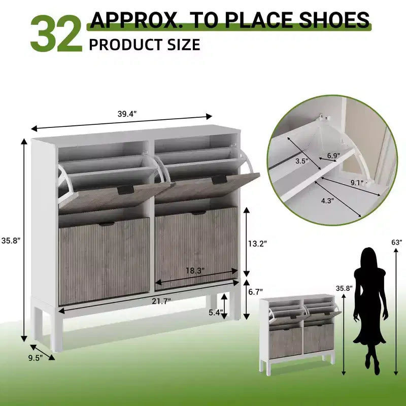 4 Klappschubladen moderner geriffelter Schuhschrank, schmales Schuhaufbewahrungsschrank
