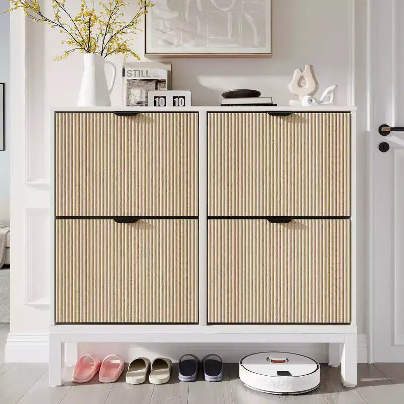 4 Klappschubladen moderner geriffelter Schuhschrank, schmales Schuhaufbewahrungsschrank