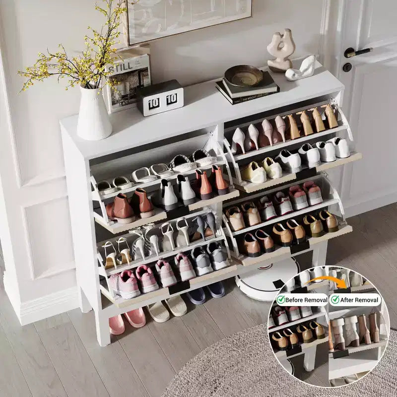 4 Klappschubladen moderner geriffelter Schuhschrank, schmales Schuhaufbewahrungsschrank