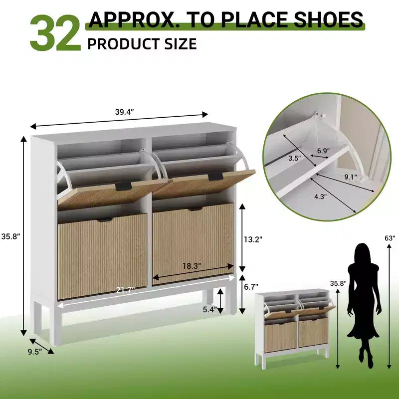 4 Klappschubladen moderner geriffelter Schuhschrank, schmales Schuhaufbewahrungsschrank