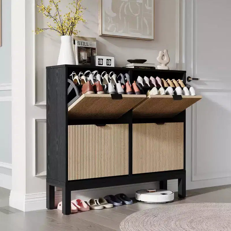 4 Klappschubladen moderner geriffelter Schuhschrank, schmales Schuhaufbewahrungsschrank