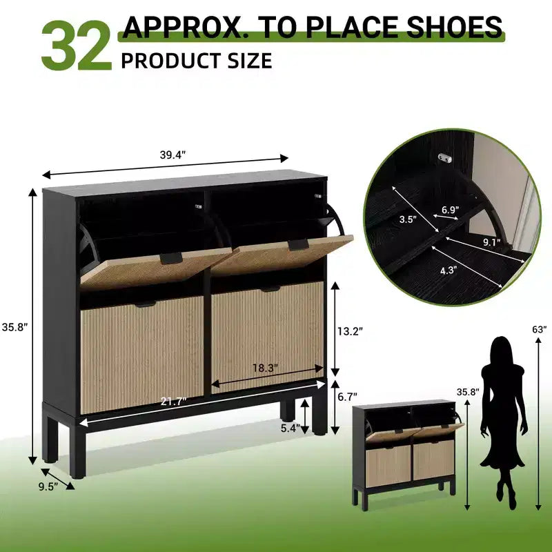 4 Klappschubladen moderner geriffelter Schuhschrank, schmales Schuhaufbewahrungsschrank