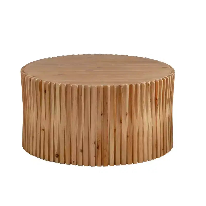Ronde houten salontafel, boomstamstijl bijzettafel met verticaal textuurontwerp, cilindrische accenttafel voor thuis