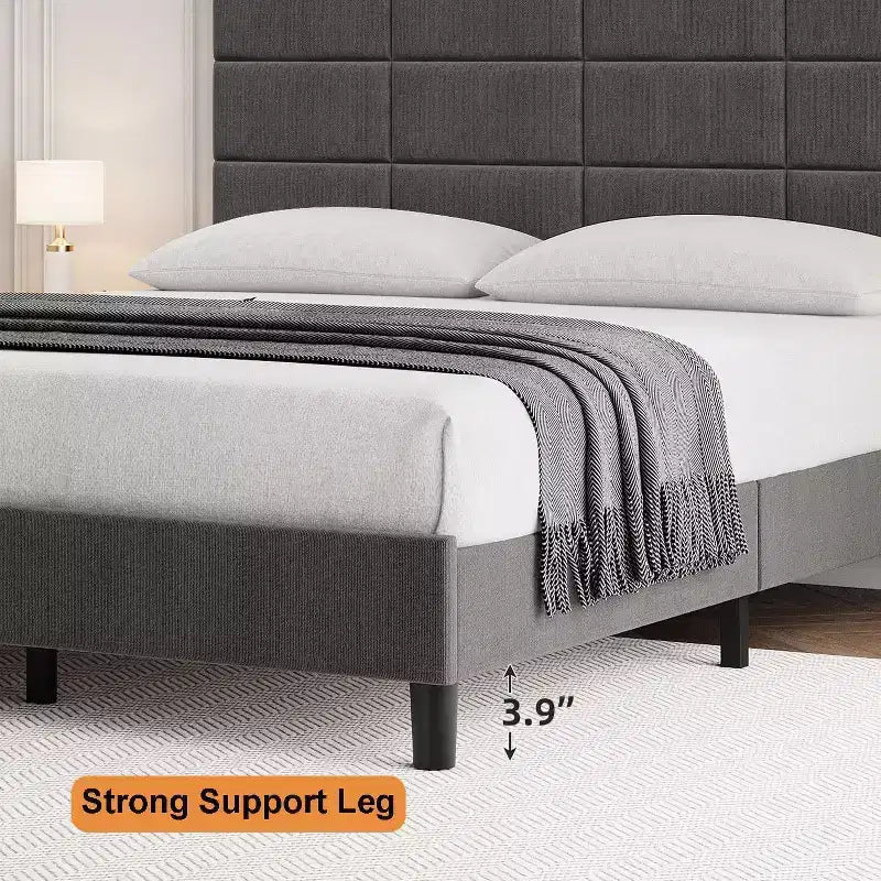 Full-Size Plattformbettgestell mit verstellbarem Kopfteil, Stauraum unter dem Bett, keine Federkernmatratze erforderlich, einfach zu montieren, robuste Unterstützung, grau