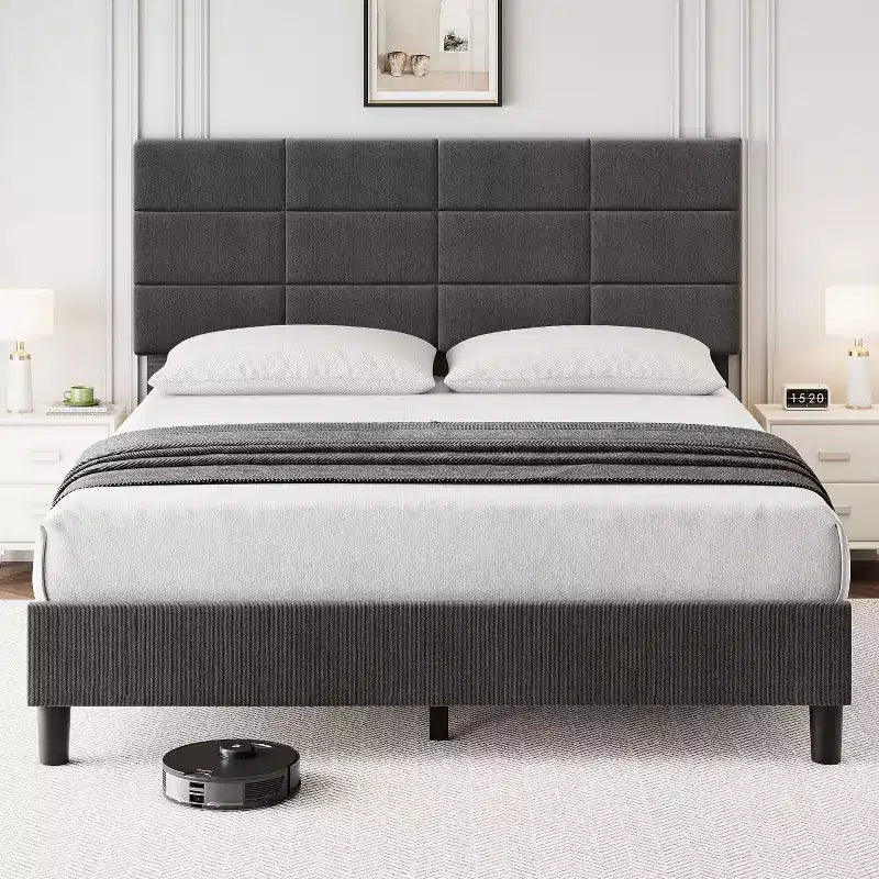 Struttura letto matrimoniale con base piatta e testiera regolabile, contenitore sotto il letto, senza materasso a molle, facile da montare, supporto robusto, grigio