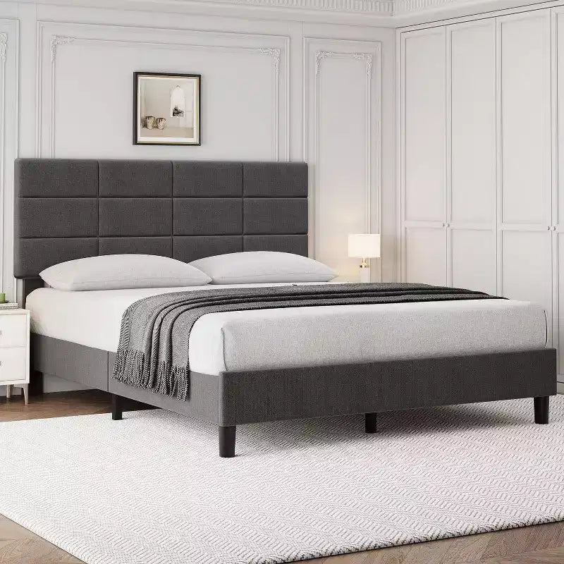 Struttura letto matrimoniale con base piatta e testiera regolabile, contenitore sotto il letto, senza materasso a molle, facile da montare, supporto robusto, grigio