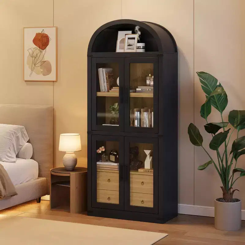 Estantería alta de 71', estantería de 4 niveles con 2 cajones de almacenamiento, con puertas, estantería de madera de 15.83 pulgadas de profundidad para oficina en casa, sala de estar, dormitorio