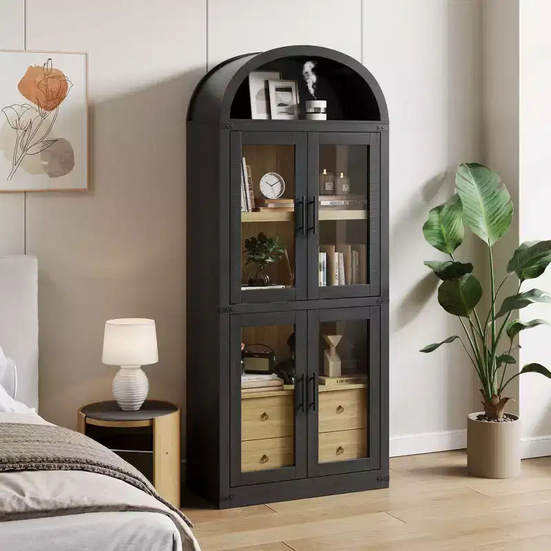 Estantería alta de 71', estantería de 4 niveles con 2 cajones de almacenamiento, con puertas, estantería de madera de 15.83 pulgadas de profundidad para oficina en casa, sala de estar, dormitorio