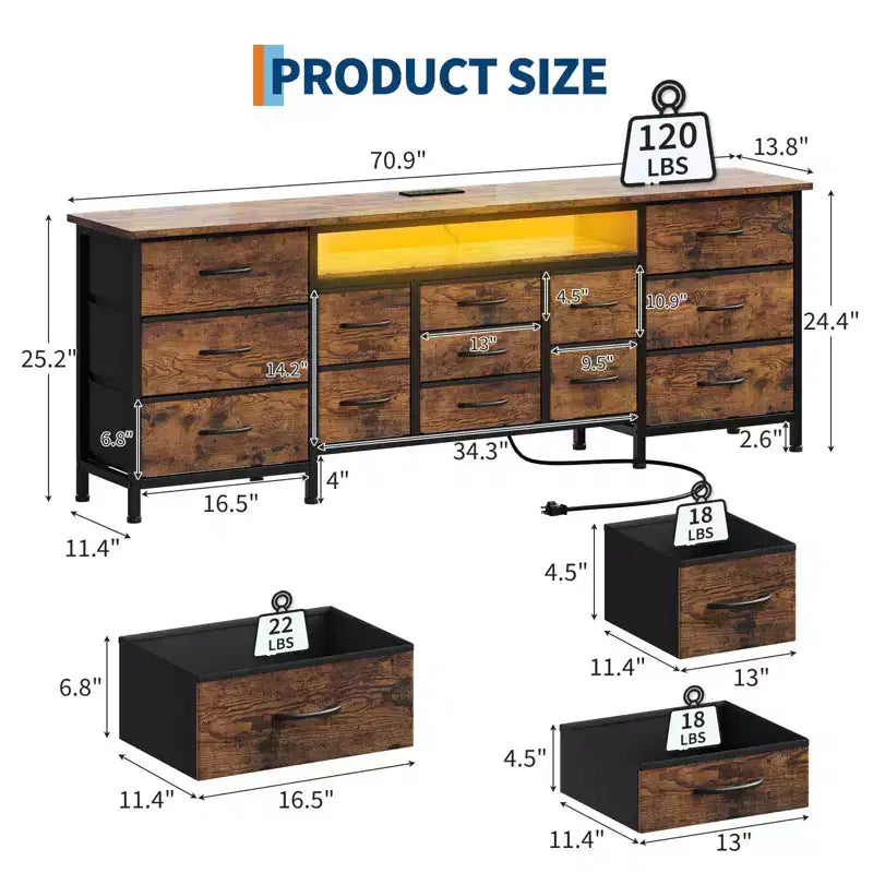 71'' Modern 13 Drawers TV Stand for 75 Inch TV, 13 Drawers Long Dresser with Handle, Versatile TV Stand Dresser Storage