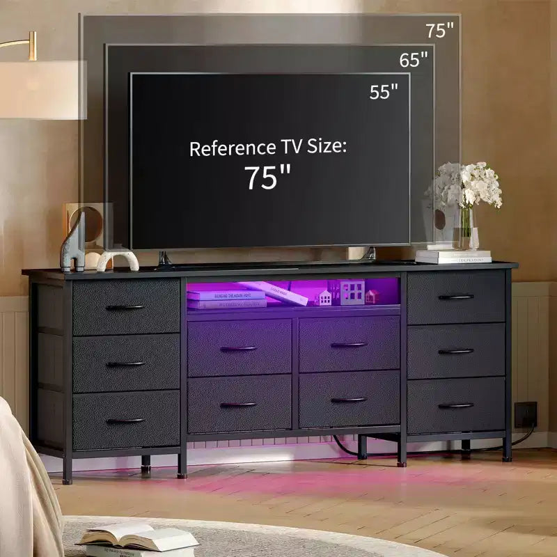 75 İnç TV için 71' Modern 13 Çekmeceli TV Sehpası, Kulplu 13 Çekmeceli Uzun Şifonyer, Çok Yönlü TV Sehpası Şifonyer Depolama