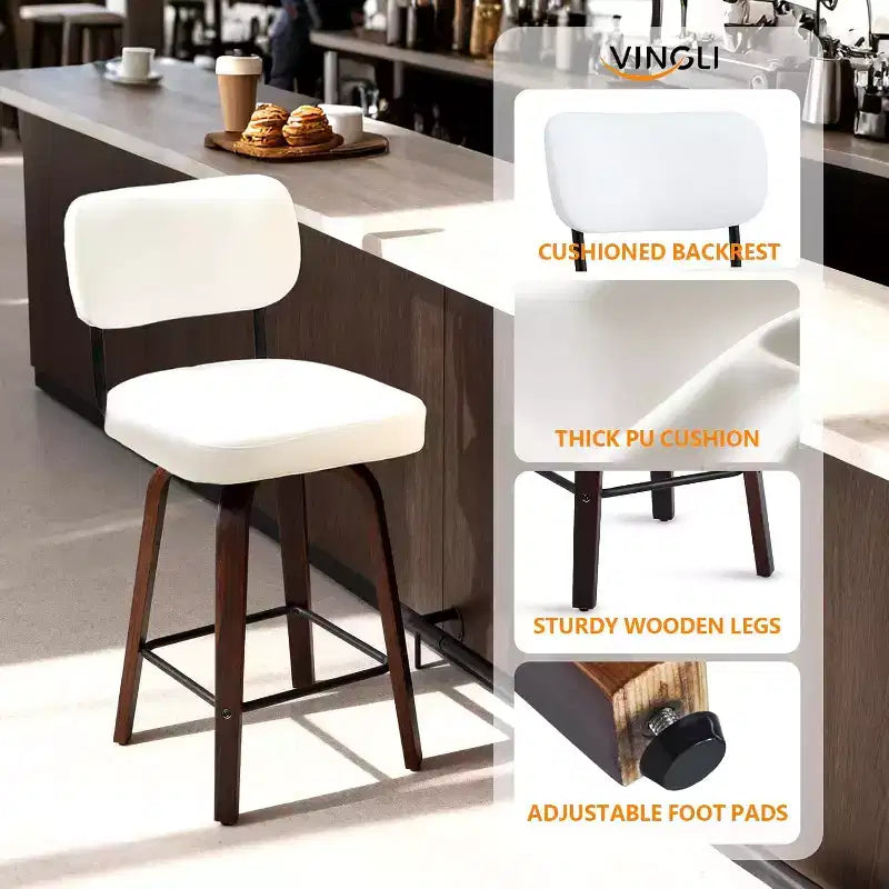 Moderner Barhocker 66 cm hoch, PU-Leder mit Rattan-Rückenlehne, 360° Drehung, massive Holzbeine für Kücheninsel & Heimbar