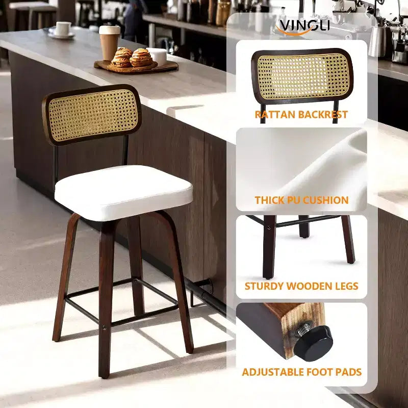Moderner Barhocker 66 cm hoch, PU-Leder mit Rattan-Rückenlehne, 360° Drehung, massive Holzbeine für Kücheninsel & Heimbar