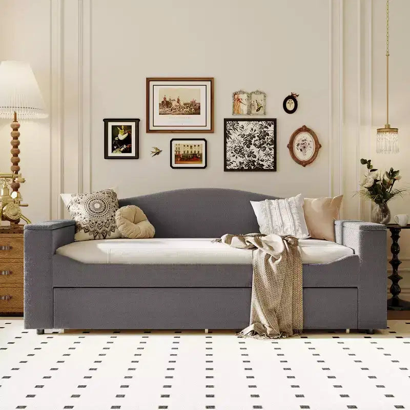 Voll-/Zwillingsgröße gepolstertes Tagesbett mit Ausziehbett und Stauraum-Armlehnen, Teddy-Fleece-Sofa mit integriertem Bluetooth-Audiosystem