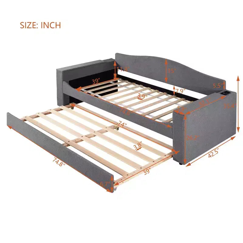 Voll-/Zwillingsgröße gepolstertes Tagesbett mit Ausziehbett und Stauraum-Armlehnen, Teddy-Fleece-Sofa mit integriertem Bluetooth-Audiosystem