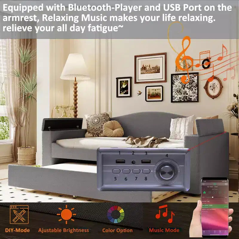 Voll-/Zwillingsgröße gepolstertes Tagesbett mit Ausziehbett und Stauraum-Armlehnen, Teddy-Fleece-Sofa mit integriertem Bluetooth-Audiosystem