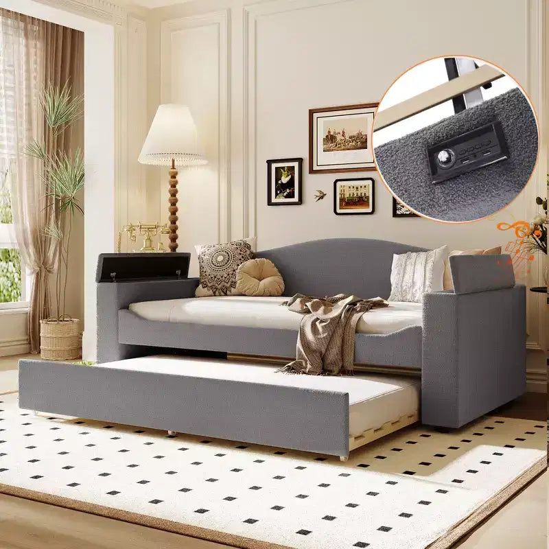 Voll-/Zwillingsgröße gepolstertes Tagesbett mit Ausziehbett und Stauraum-Armlehnen, Teddy-Fleece-Sofa mit integriertem Bluetooth-Audiosystem