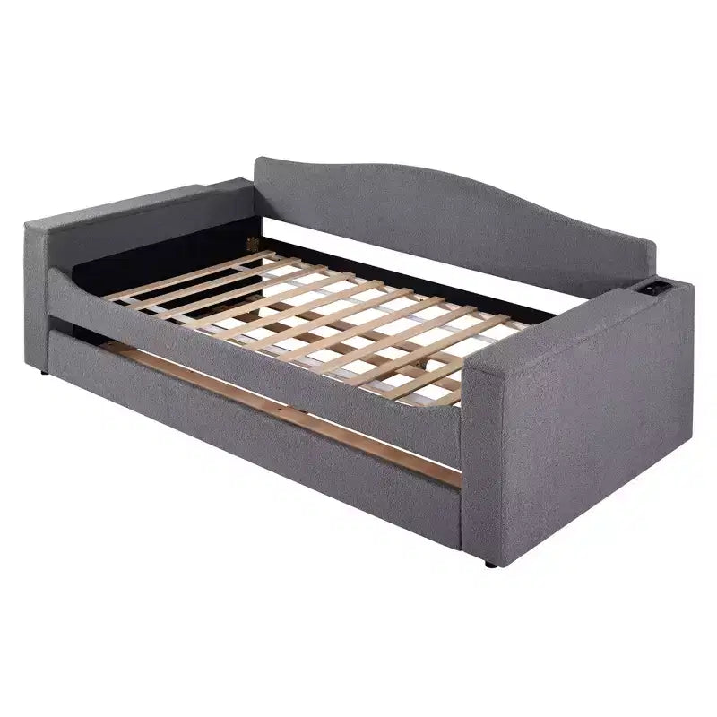 Voll-/Zwillingsgröße gepolstertes Tagesbett mit Ausziehbett und Stauraum-Armlehnen, Teddy-Fleece-Sofa mit integriertem Bluetooth-Audiosystem