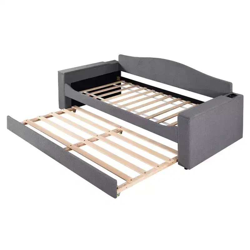 Voll-/Zwillingsgröße gepolstertes Tagesbett mit Ausziehbett und Stauraum-Armlehnen, Teddy-Fleece-Sofa mit integriertem Bluetooth-Audiosystem