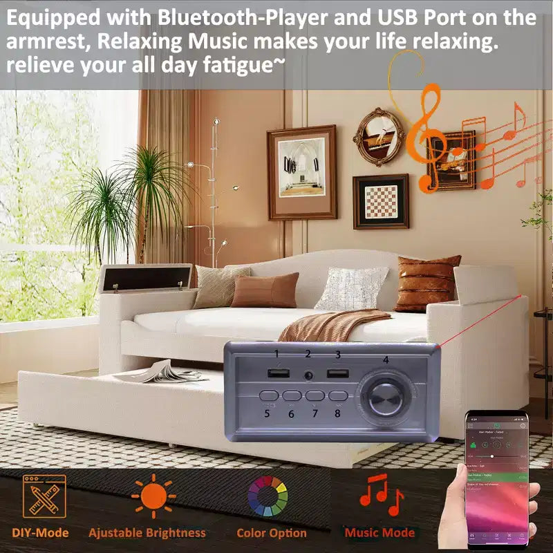 Voll-/Zwillingsgröße gepolstertes Tagesbett mit Ausziehbett und Stauraum-Armlehnen, Teddy-Fleece-Sofa mit integriertem Bluetooth-Audiosystem