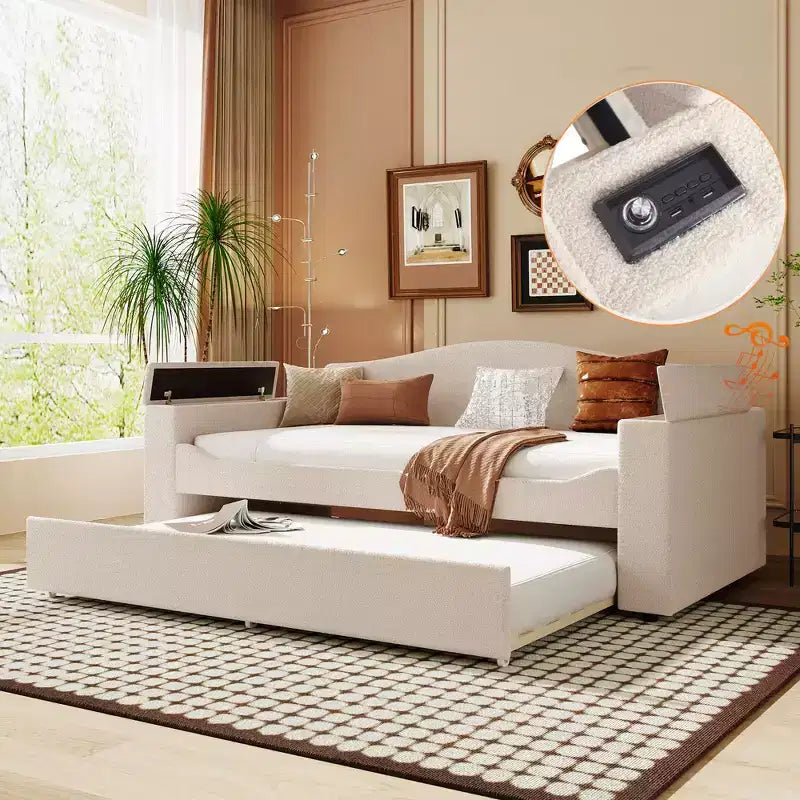 Voll-/Zwillingsgröße gepolstertes Tagesbett mit Ausziehbett und Stauraum-Armlehnen, Teddy-Fleece-Sofa mit integriertem Bluetooth-Audiosystem