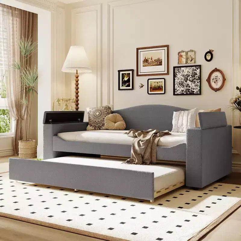 Voll-/Zwillingsgröße gepolstertes Tagesbett mit Ausziehbett und Stauraum-Armlehnen, Teddy-Fleece-Sofa mit integriertem Bluetooth-Audiosystem