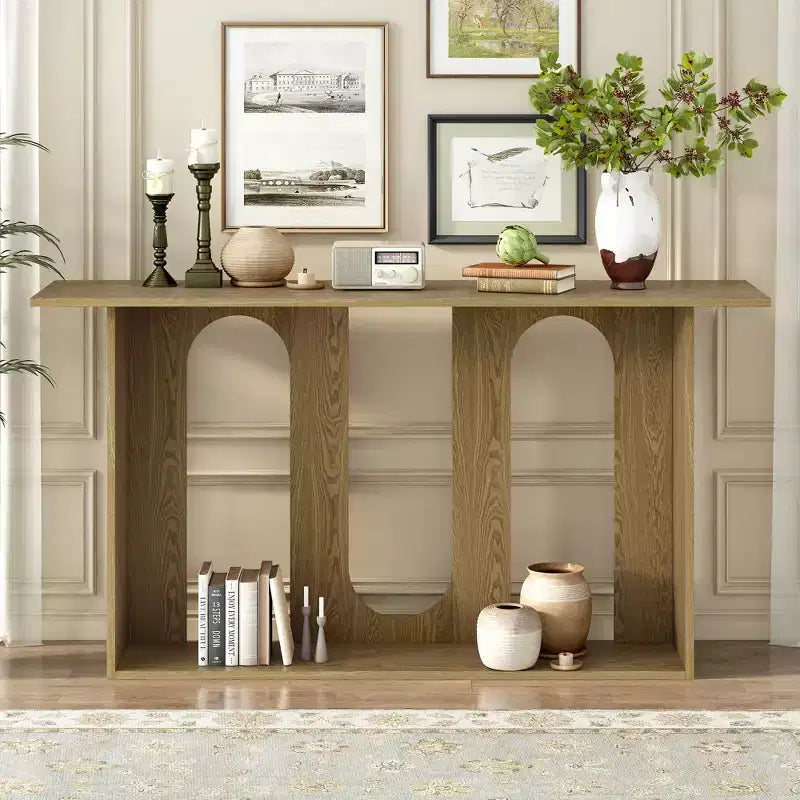 Mesa consola curva de madera con estante, mesa moderna para entrada con chapa de fresno diseñada para entrada y pasillo