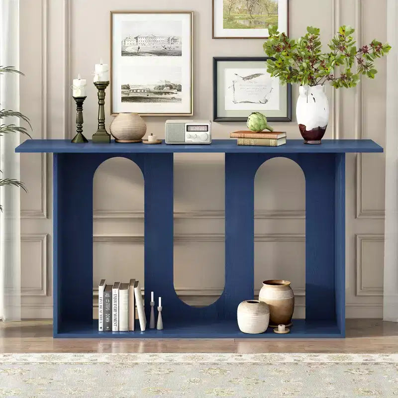 Mesa consola curva de madera con estante, mesa moderna para entrada con chapa de fresno diseñada para entrada y pasillo