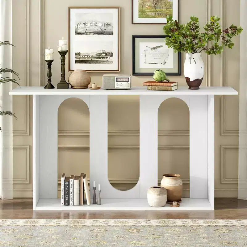 Mesa consola curva de madera con estante, mesa moderna para entrada con chapa de fresno diseñada para entrada y pasillo