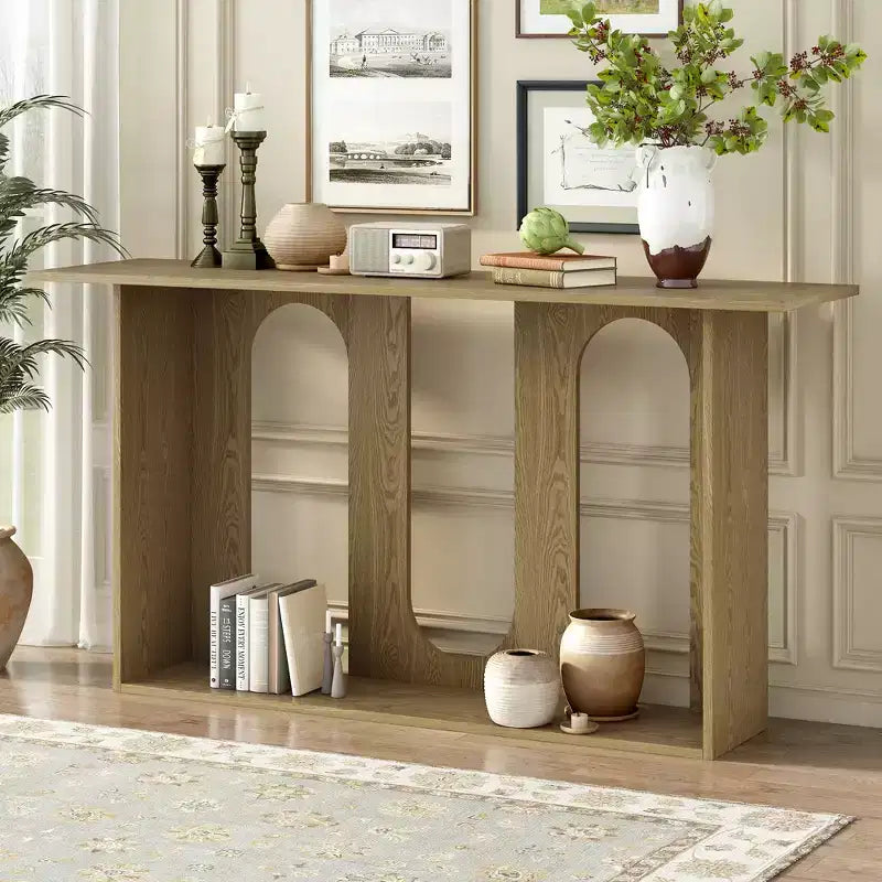 Holz-Konsolentisch mit gebogenem Regal, moderner Eingangstisch mit Eschenfurnier, entworfen für Eingangsbereich und Flur