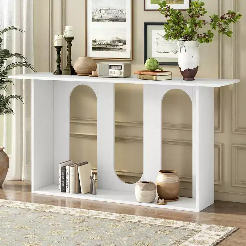Holz-Konsolentisch mit gebogenem Regal, moderner Eingangstisch mit Eschenfurnier, entworfen für Eingangsbereich und Flur
