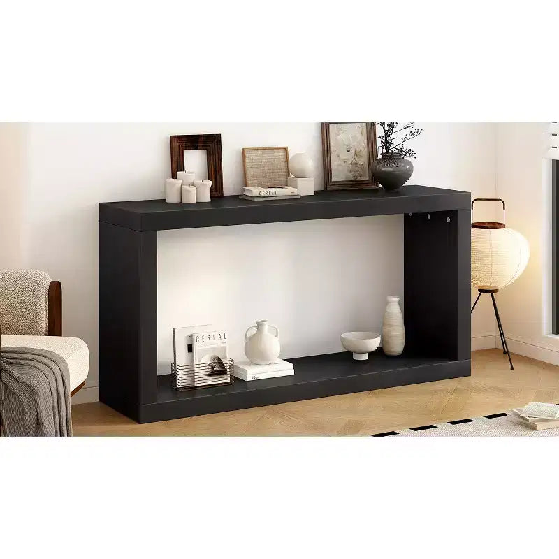 Minimalistischer Holz-Konsolentisch mit Stauraum, moderner schmaler Eingangstisch mit offenem Regal für Flur und Eingangsbereich