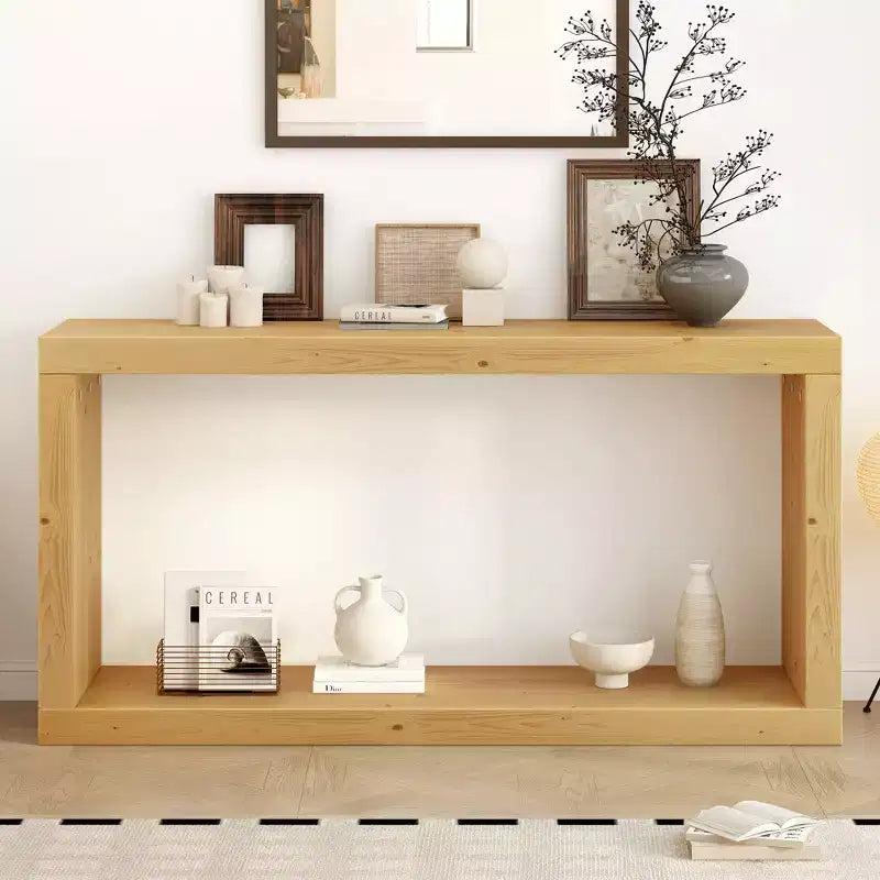 Minimalistischer Holz-Konsolentisch mit Stauraum, moderner schmaler Eingangstisch mit offenem Regal für Flur und Eingangsbereich