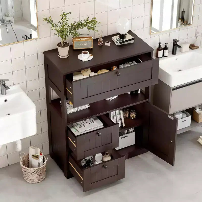 Moderner Badezimmerschrank mit Schublade, offenem Regal & verstellbarem Türfach