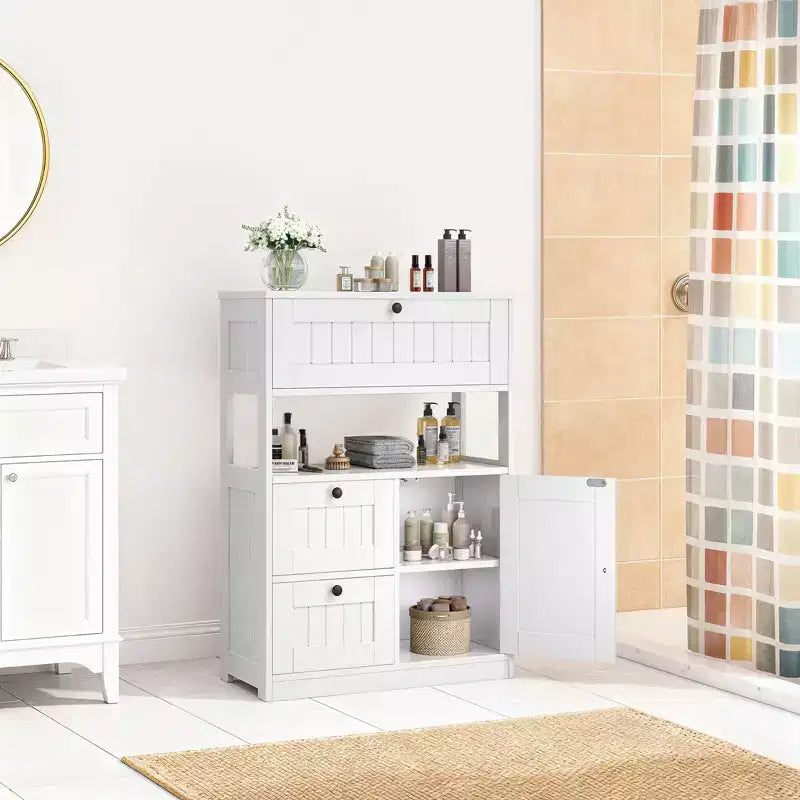 Moderner Badezimmerschrank mit Schublade, offenem Regal & verstellbarem Türfach