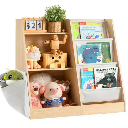 Estantería de madera para niños de 3 niveles con bolsillo extra para juguetes, para habitación infantil