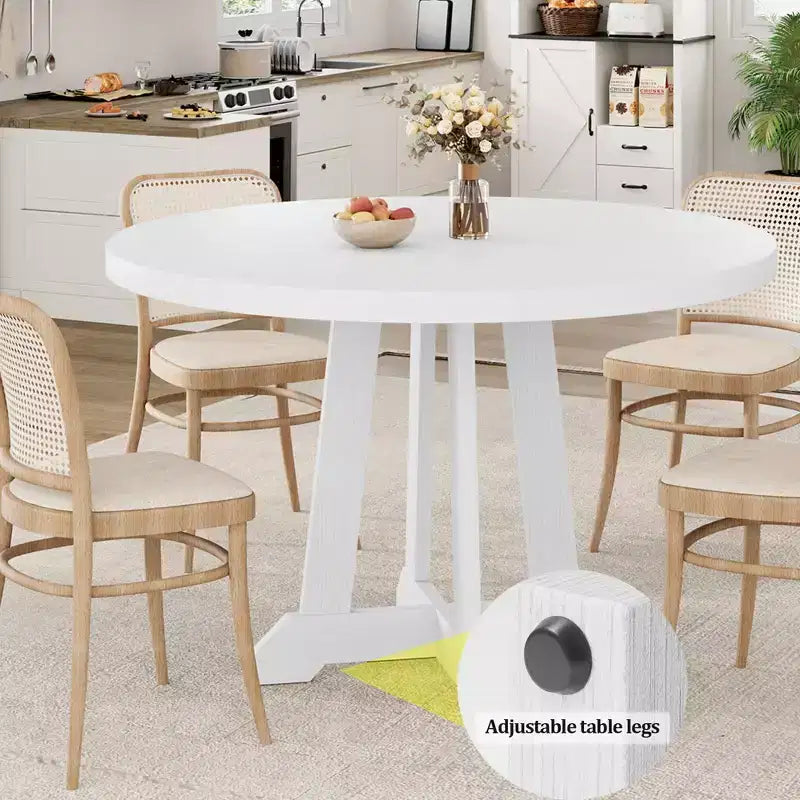 Dining table, round, 47-inch wood, sturdy legs, four-piece tabletop, round base, suitable for dining room, kitchen, and living room.