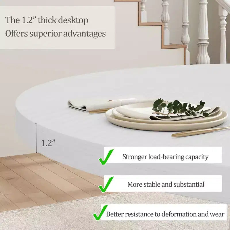 Dining table, round, 47-inch wood, sturdy legs, four-piece tabletop, round base, suitable for dining room, kitchen, and living room.