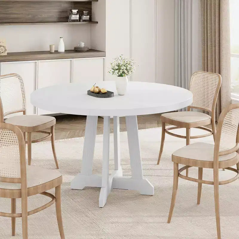 Dining table, round, 47-inch wood, sturdy legs, four-piece tabletop, round base, suitable for dining room, kitchen, and living room.