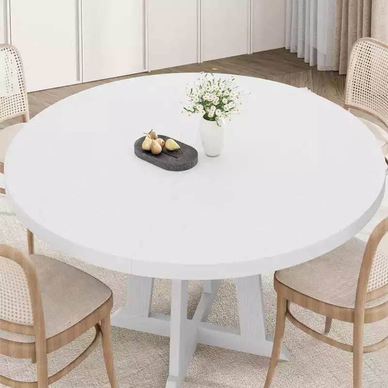 Dining table, round, 47-inch wood, sturdy legs, four-piece tabletop, round base, suitable for dining room, kitchen, and living room.