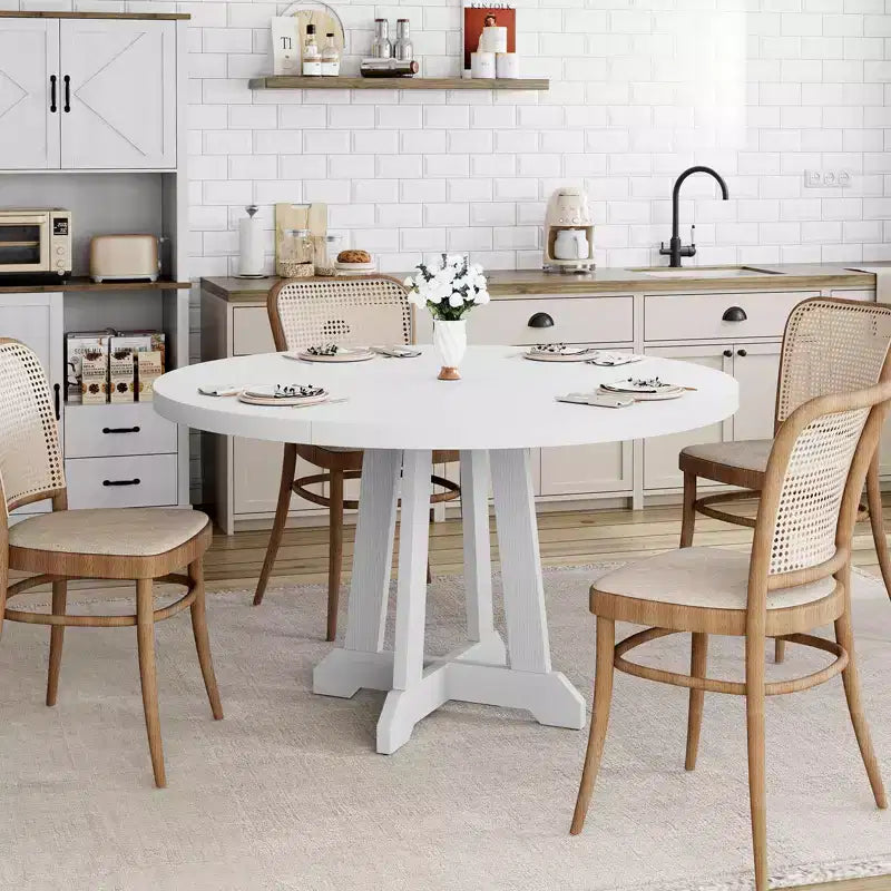 Dining table, round, 47-inch wood, sturdy legs, four-piece tabletop, round base, suitable for dining room, kitchen, and living room.