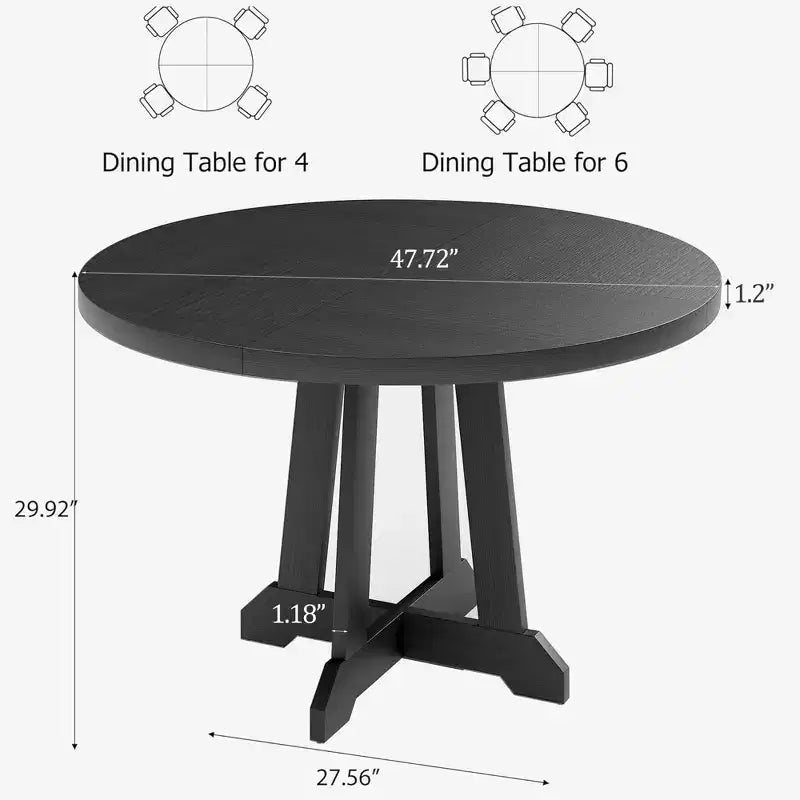 Dining table, round, 47-inch wood, sturdy legs, four-piece tabletop, round base, suitable for dining room, kitchen, and living room.