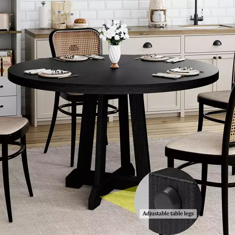 Dining table, round, 47-inch wood, sturdy legs, four-piece tabletop, round base, suitable for dining room, kitchen, and living room.