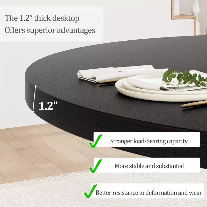 Dining table, round, 47-inch wood, sturdy legs, four-piece tabletop, round base, suitable for dining room, kitchen, and living room.